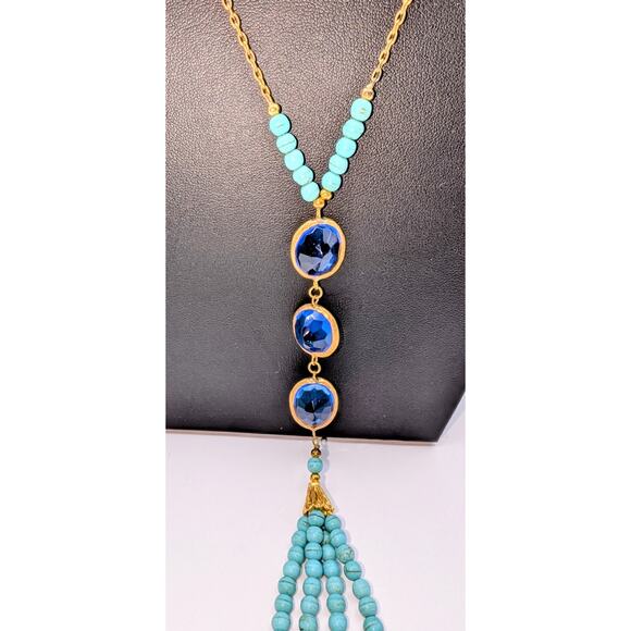 Dyed Howlite Sapphire Glass Gold Tone Bezel Set Tassel Slip Over 28" Necklace - Picture 3 of 9